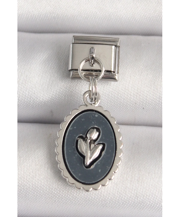 316L Çelik Gümüş Renk Çiçek İşlemeli Siyah Portre Model Nomination Charm