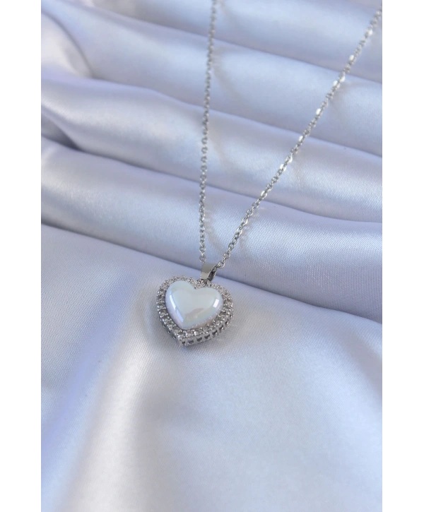 316L Çelik Gümüş Renk İncili Kalp Model Zirkon Taşlı Kadın Kolye