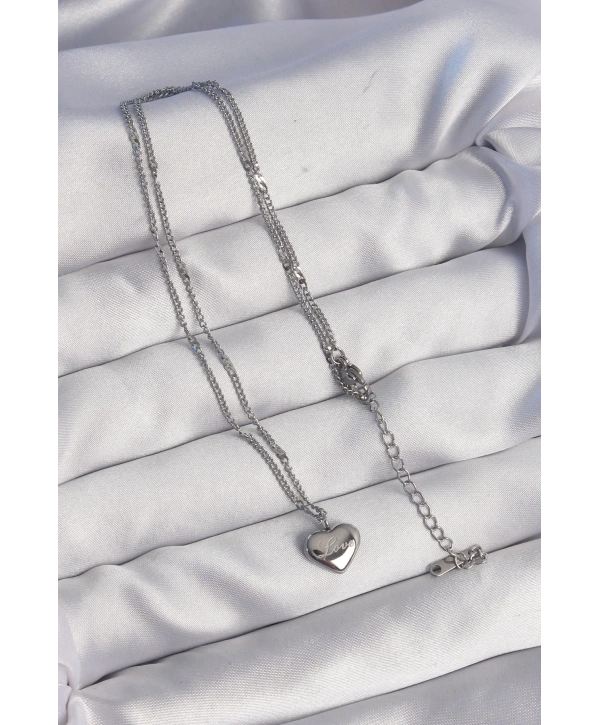 316L Çelik Gümüş Renk Kalp Model Love Kolye