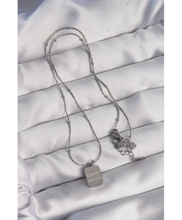 316L Çelik Gümüş Renk Kare Charm Model Kolye