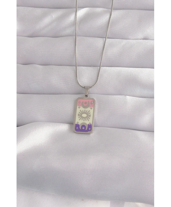 316L Çelik Gümüş Renk Karışık Mineli Ay Figür Tarot Kolye