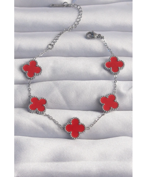 316L Çelik Gümüş Renk Kırmızı Mineli Yonca Bileklik