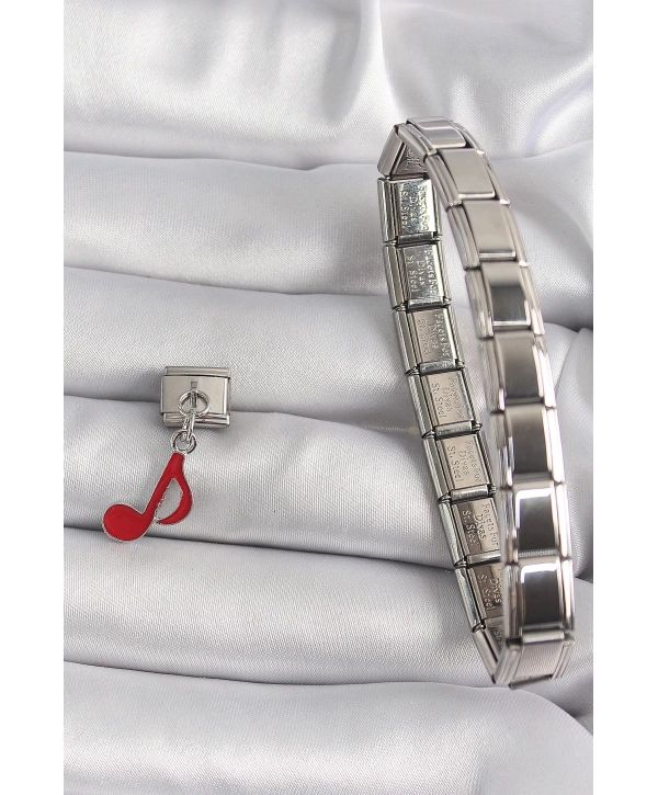 316L Çelik Gümüş Renk Kırmızı Nota Model Nomination Charm