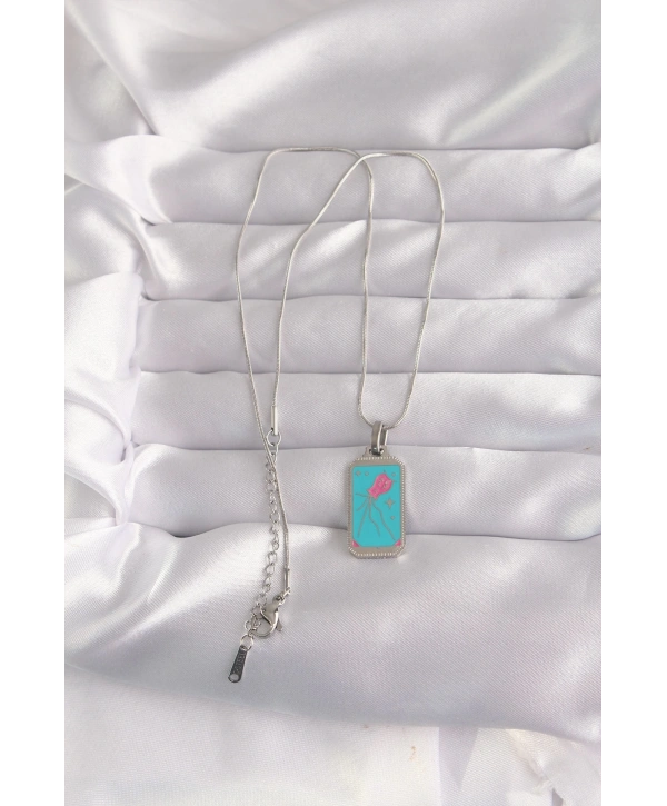 316L Çelik Gümüş Renk Mavi Mineli Tarot Kolye