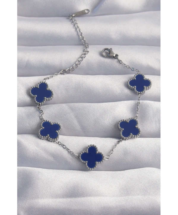 316L Çelik Gümüş Renk Mavi Mineli Yonca Bileklik