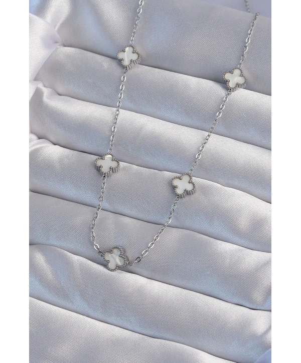 316L Çelik Gümüş Renk Minimal Beyaz Sedefli Yonca Kolye