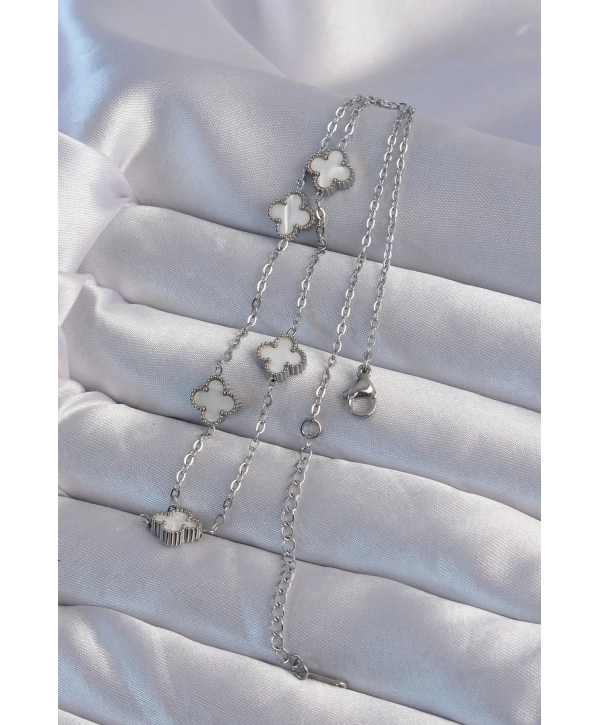 316L Çelik Gümüş Renk Minimal Beyaz Sedefli Yonca Kolye