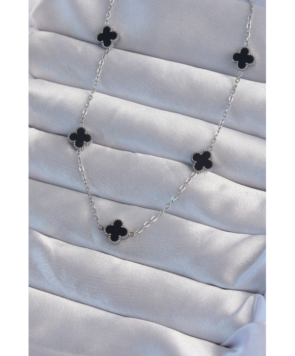 316L Çelik Gümüş Renk Minimal Siyah Mineli Yonca Kolye