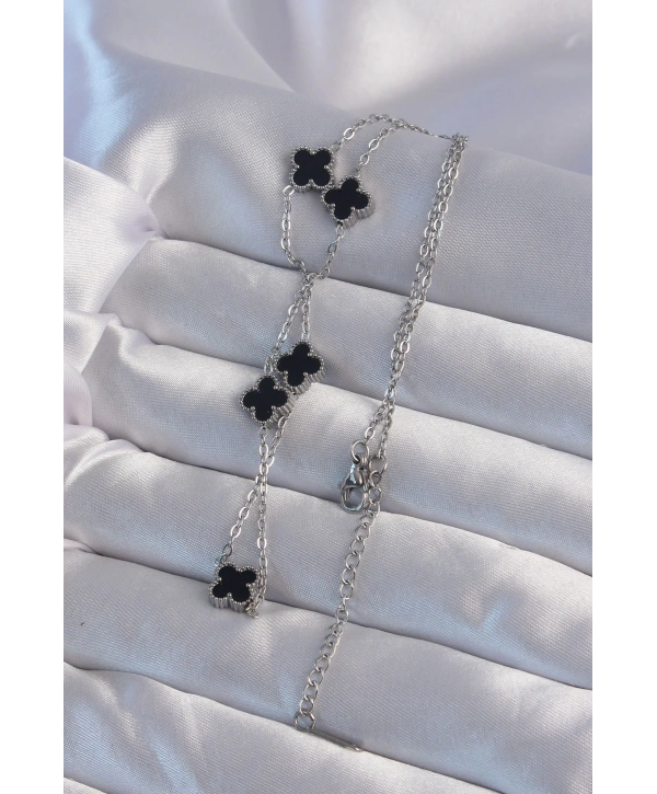 316L Çelik Gümüş Renk Minimal Siyah Mineli Yonca Kolye