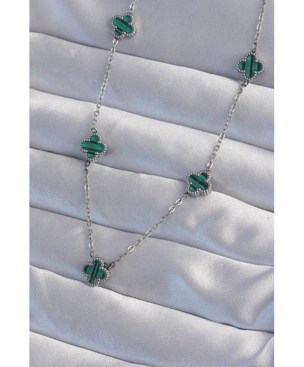 316L Çelik Gümüş Renk Minimal Yeşil Mineli Yonca Kolye