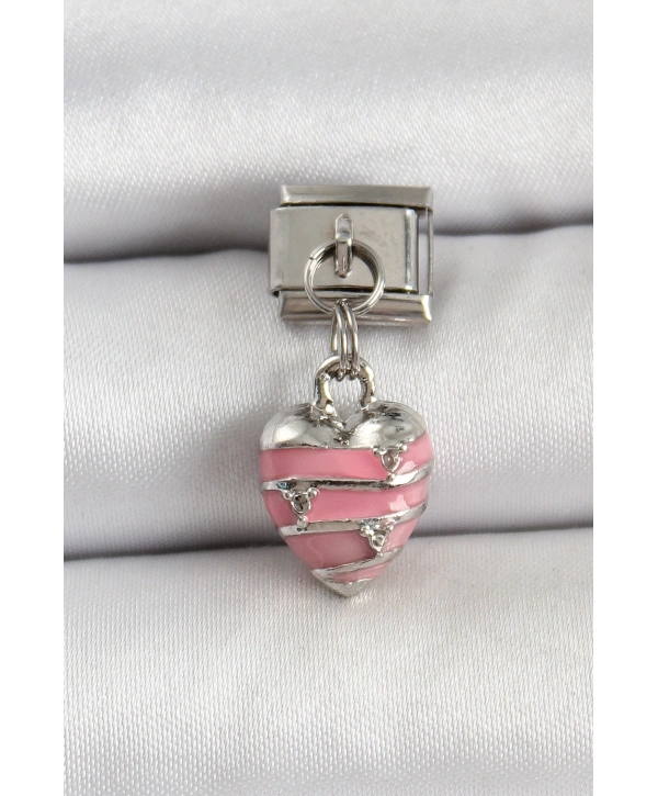 316L Çelik Gümüş Renk Pembe Kalp Model Nomination Charm