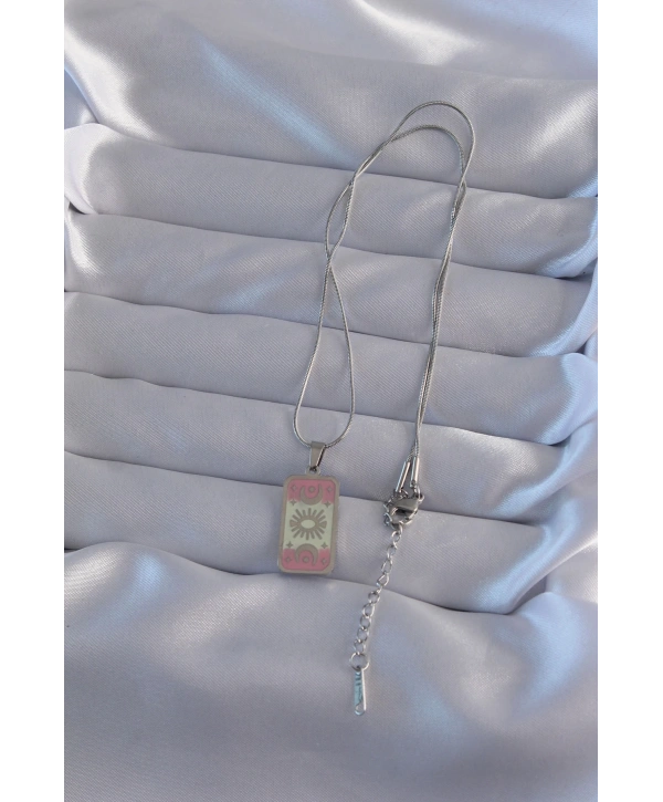 316L Çelik Gümüş Renk Pembe Mineli Ay Figür Tarot Kolye