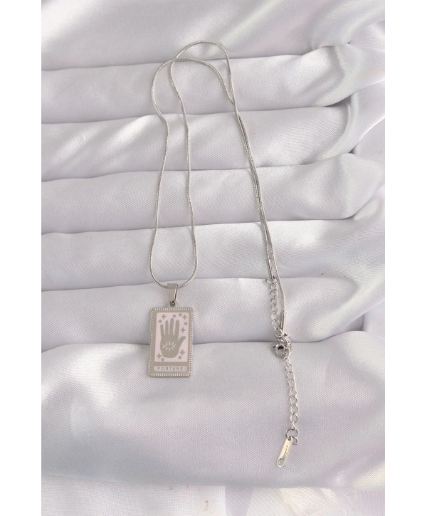 316L Çelik Gümüş Renk Pembe Mineli El Figür Tarot Kolye