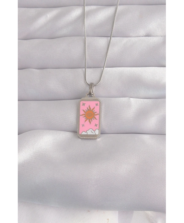 316L Çelik Gümüş Renk Pembe Mineli Güneş Model Tarot Kolye