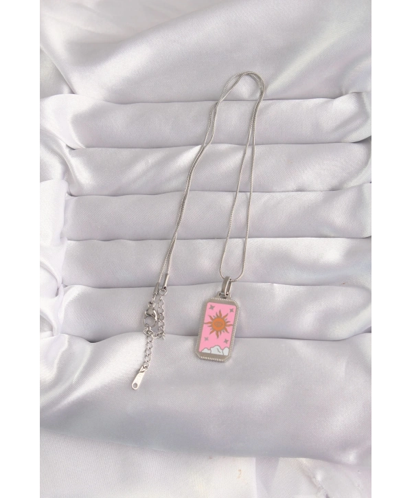 316L Çelik Gümüş Renk Pembe Mineli Güneş Model Tarot Kolye