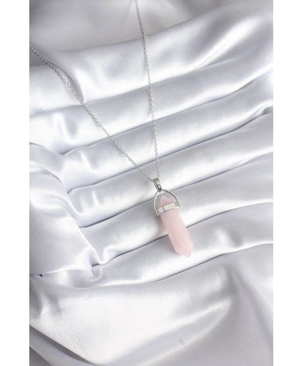 316L Çelik Gümüş Renk Pembe Taşlı Kadın Kolye