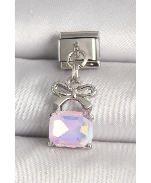 316L Çelik Gümüş Renk Pembe Zirkon Taşlı Çanta Model Nomination Charm