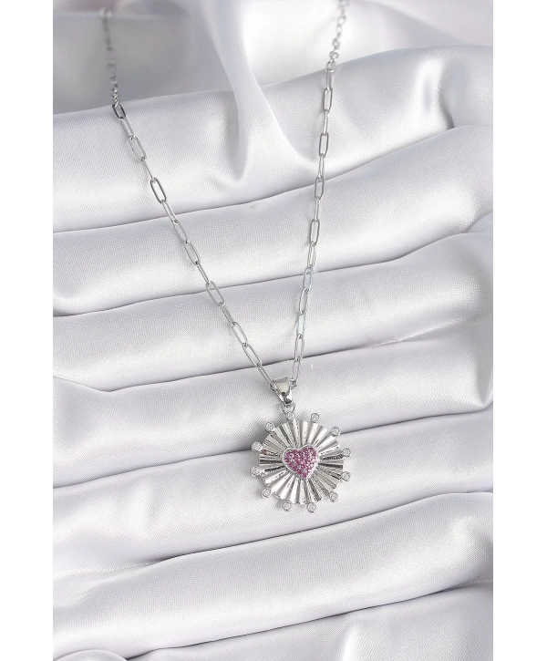 316L Çelik Gümüş Renk Pembe Zirkon Taşlı Kalp İşleme Madalyon Model Kadın Kolye