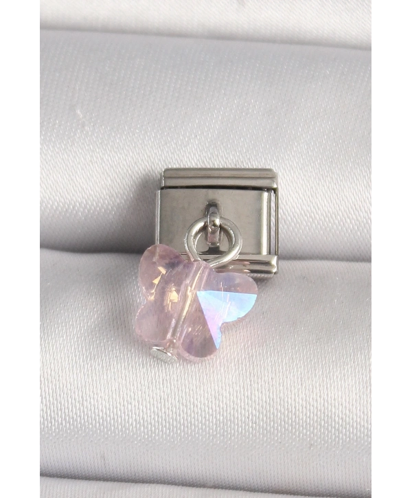 316L Çelik Gümüş Renk Pembe Zirkon Taşlı Kelebek Model Nomination Charm