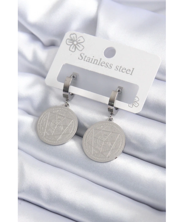 316L Çelik Gümüş Renk Pentagram İşleme Model Kadın Küpe