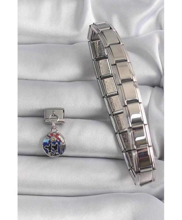 316L Çelik Gümüş Renk Sallantı Dünya Model Nomination Charm