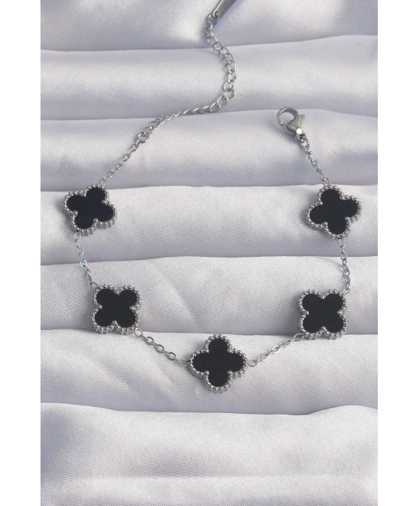 316L Çelik Gümüş Renk Siyah Mineli Yonca Bileklik