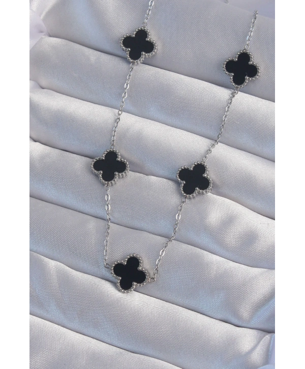 316L Çelik Gümüş Renk Siyah Mineli Yonca Kolye