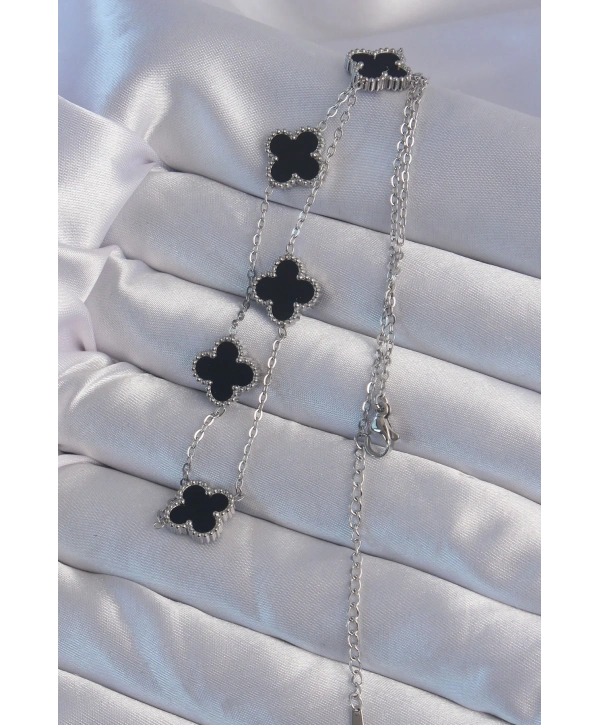 316L Çelik Gümüş Renk Siyah Mineli Yonca Kolye