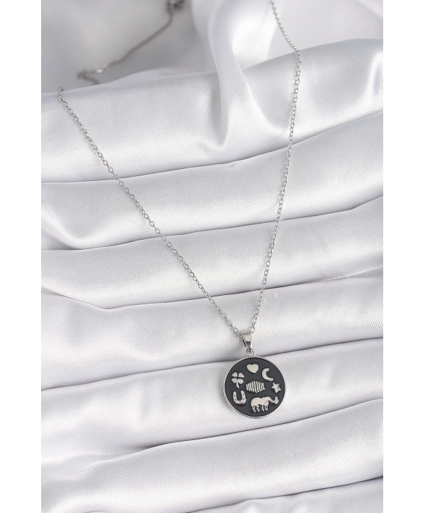 316L Çelik Gümüş Renk Siyah Renk Şans Kolyesi