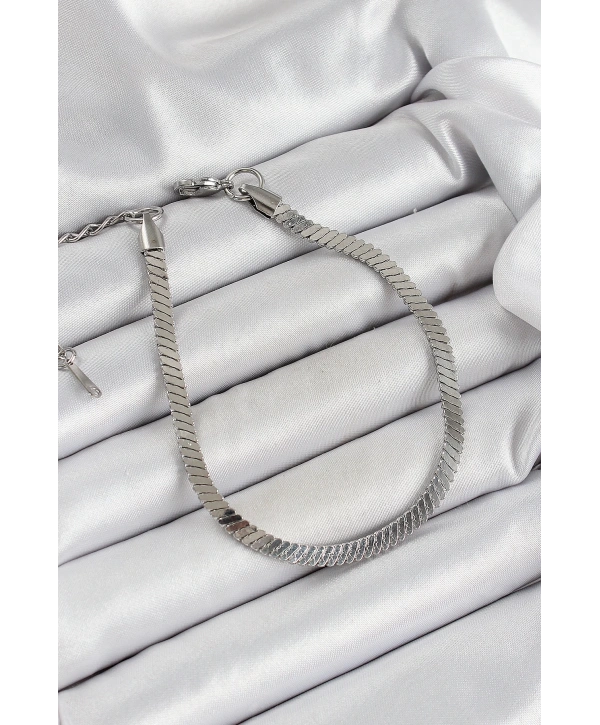 316L Çelik Gümüş Renk Yassı Zincir Model Kadın Bileklik