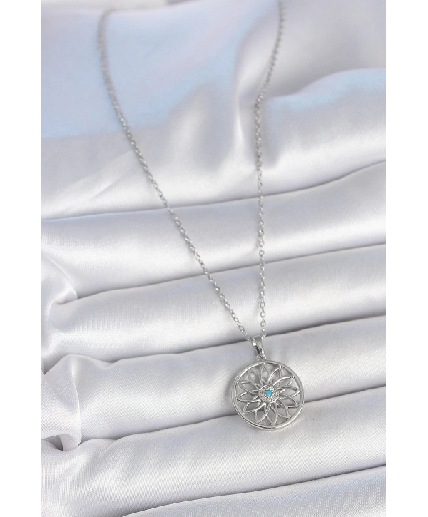 316L Çelik Gümüş Renk Zincir Mavi Taşlı Lotus Model Kadın Kolye