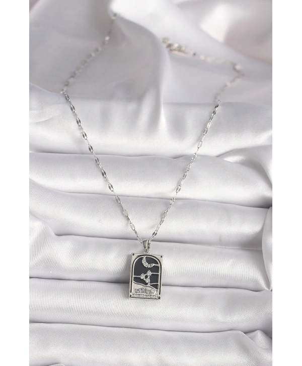 316L Çelik Gümüş Renk Zirkon Taşlı  Ay Figürlü Taror Model Kadın Kolye