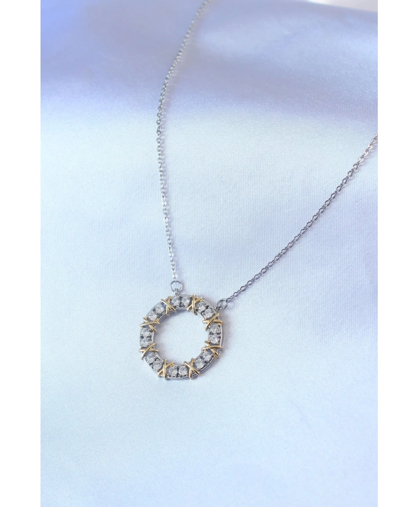 316L Çelik Gümüş Renk Zirkon Taşlı Gold Detay Xoxo Kadın Kolye