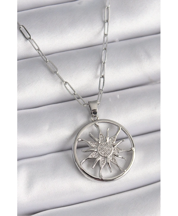 316L Çelik Gümüş Renk Zirkon Taşlı Güneş Madalyon Model Kadın Kolye
