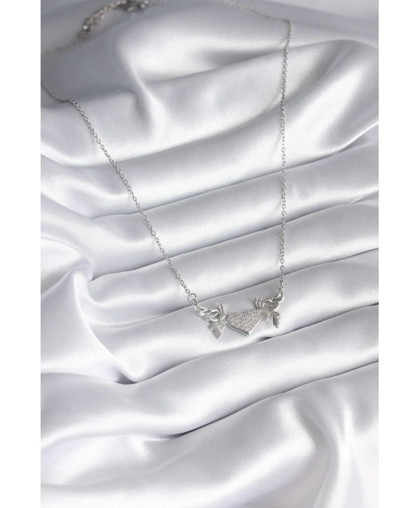 316L Çelik Gümüş Renk Zirkon Taşlı Kanat Kalp Model Kadın Kolye