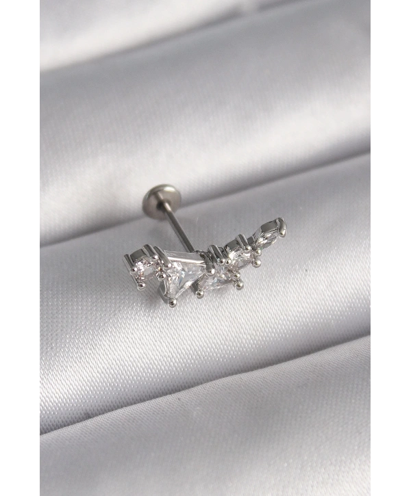 316L Çelik Gümüş Renk Zirkon Taşlı Tragus Piercing