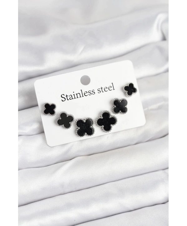 316L Çelik Gümüş Siyah Renk 3 Boy Yonca Küpe Seti