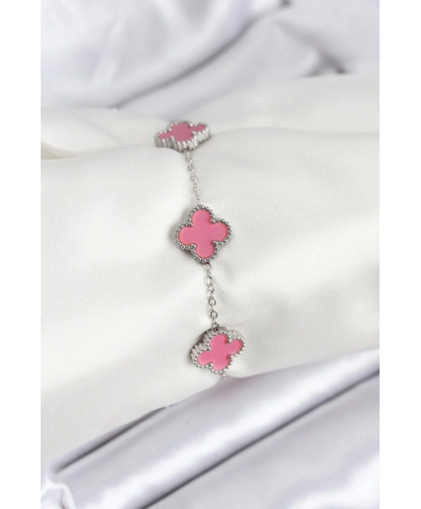 316L Çelik Gümüş Zincir Pembe Renk Yonca Bileklik