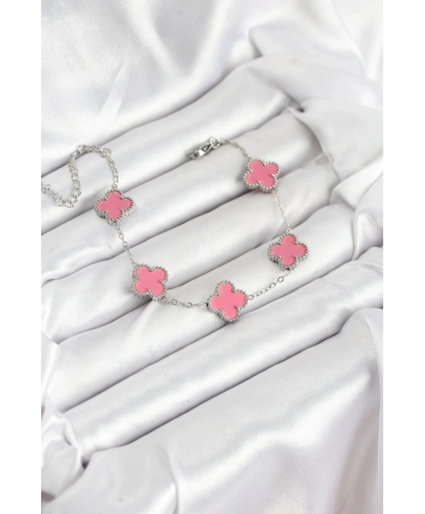 316L Çelik Gümüş Zincir Pembe Renk Yonca Bileklik