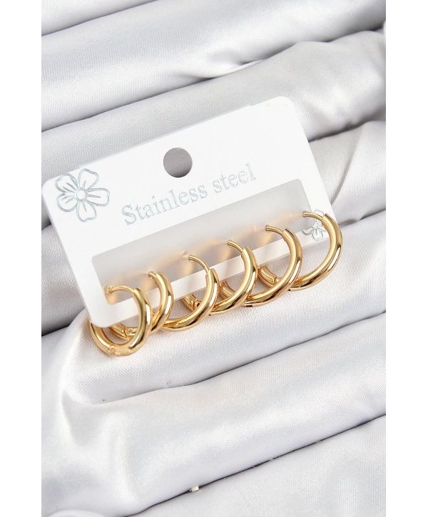 316L Çelik Halka Model Gold Renk 3lü Set Kadın Küpe