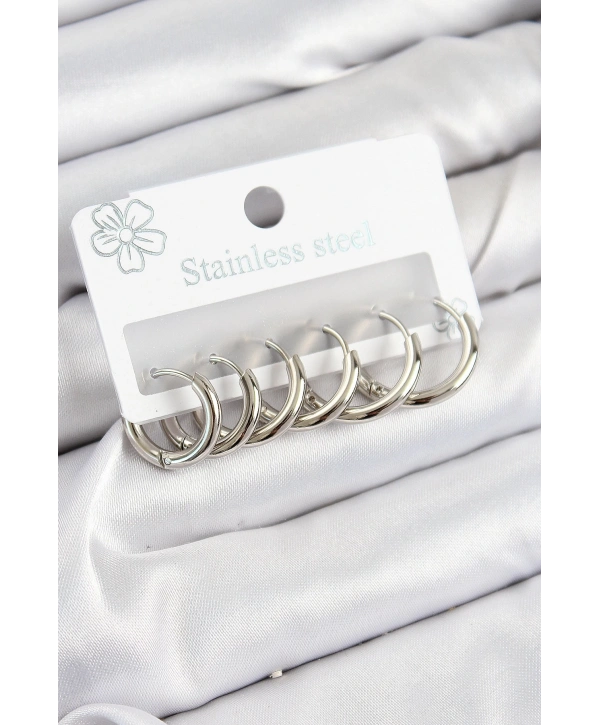 316L Çelik Halka Model Gümüş Renk 3lü Set Kadın Küpe