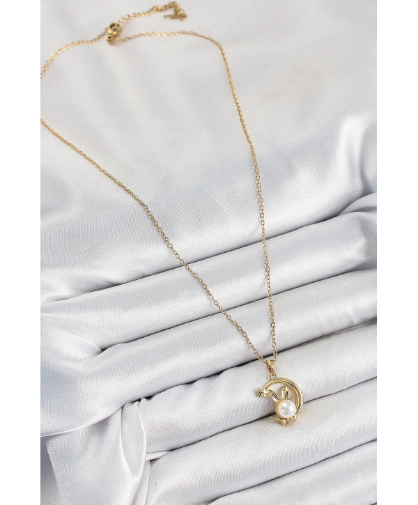 316L Çelik İnci Detaylı Hilal Tavşan Model Gold Renk Kadın Kolye