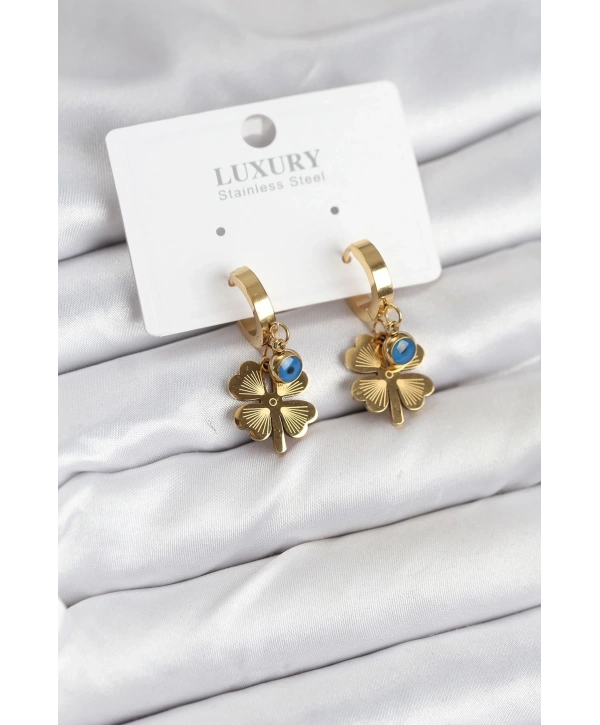 316L Çelik Nazarlı Yonca Model Kadın Küpe