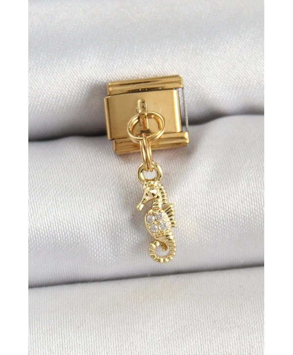 316L Çelik Sallantılı Zirkon Taşlı Çiçek Model Gold Renk Nomination Charm