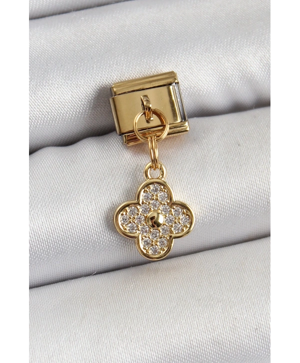 316L Çelik Sallantılı Zirkon Taşlı Yonca Model Gold Renk Nomination Charm