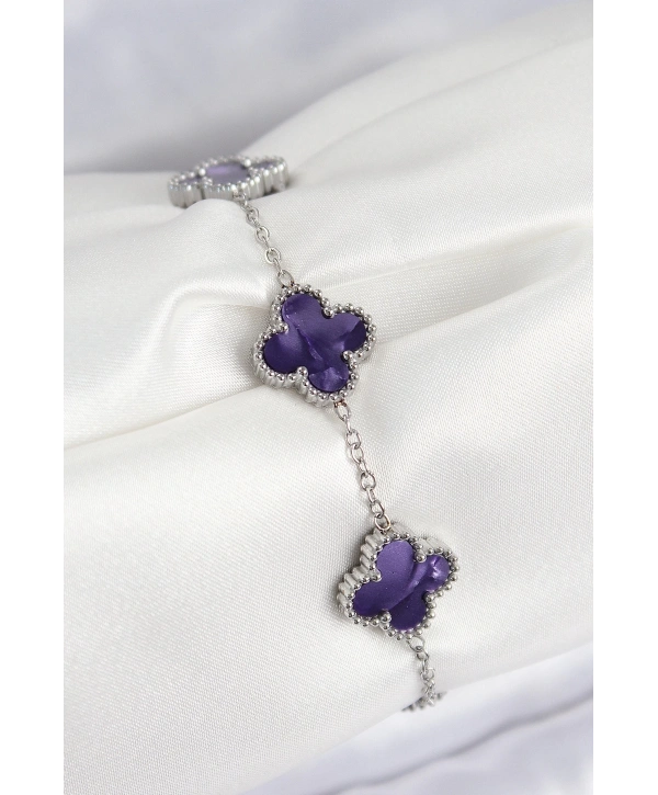 316L Çelik Sedefli Mor Gümüş Renk Yonca Kadın Bileklik