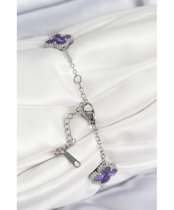 316L Çelik Sedefli Mor Gümüş Renk Yonca Kadın Bileklik