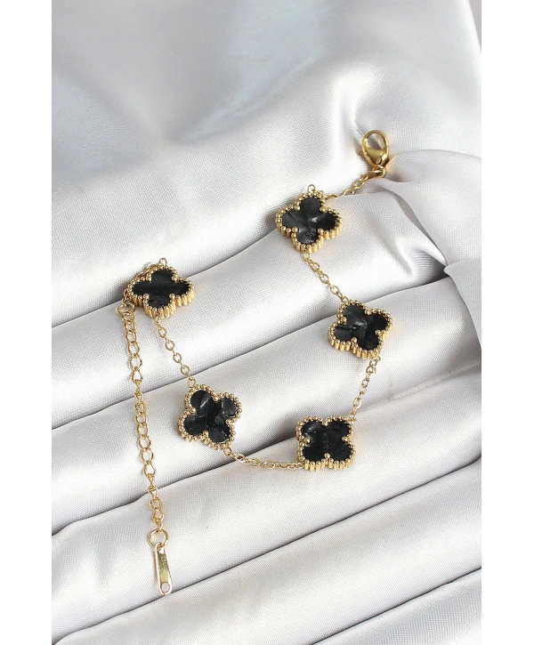 316L Çelik Sedefli Siyah Gold Renk Yonca Kadın Bileklik