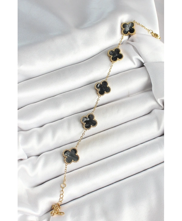 316L Çelik Sedefli Siyah Gold Renk Yonca Kadın Bileklik