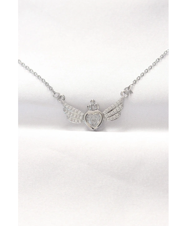 316L Çelik Silver Renk Zirkon Taşlı Kalpli Kanat Kolye